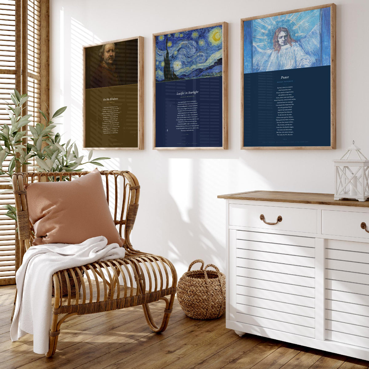 Faith Poems Set of Three Art Prints - On His Blindness, Lucifer in Starlight, Peace - Full Poems over Van Gogh Paintings - Poster Triptych