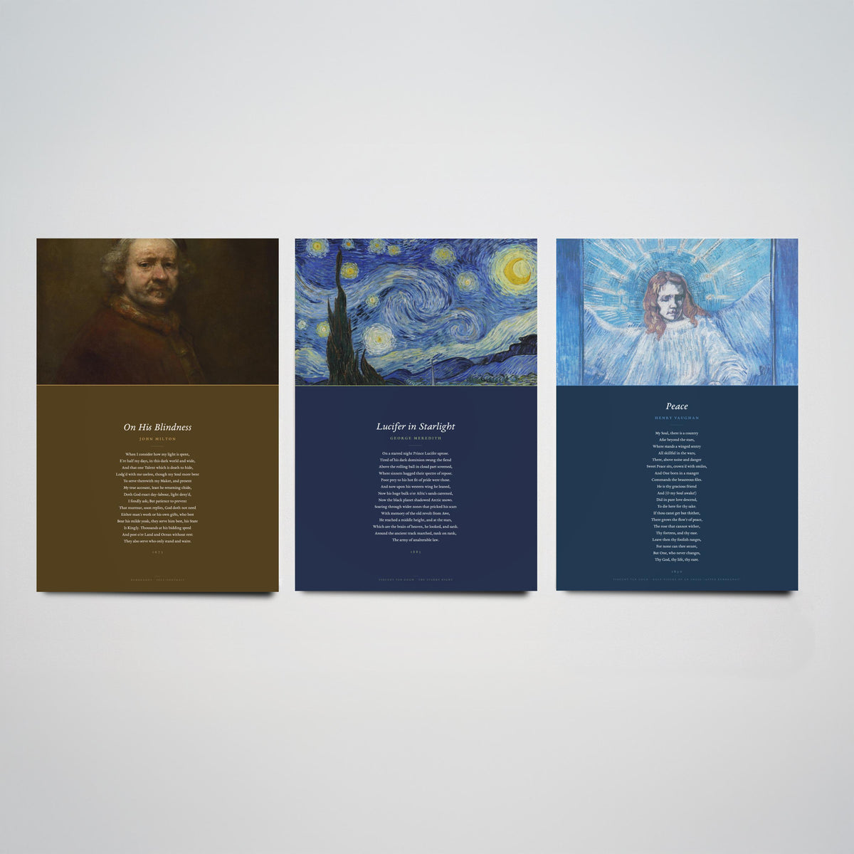 Faith Poems Set of Three Art Prints - On His Blindness, Lucifer in Starlight, Peace - Full Poems over Van Gogh Paintings - Poster Triptych
