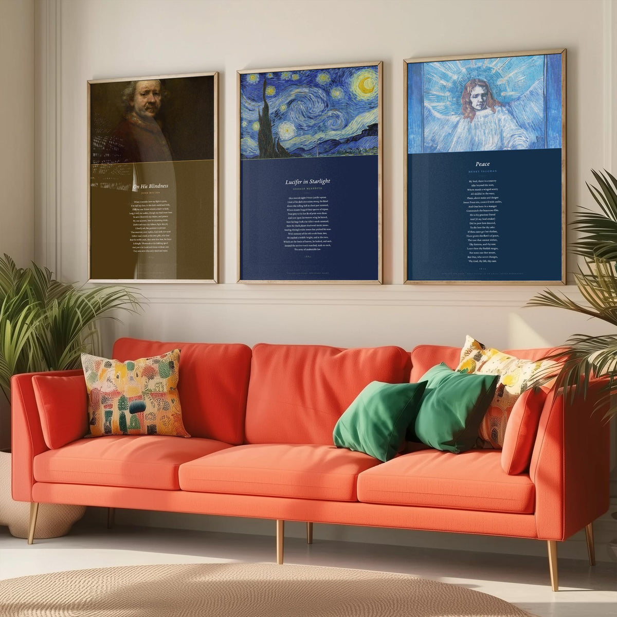 Faith Poems Set of Three Art Prints - On His Blindness, Lucifer in Starlight, Peace - Full Poems over Van Gogh Paintings - Poster Triptych