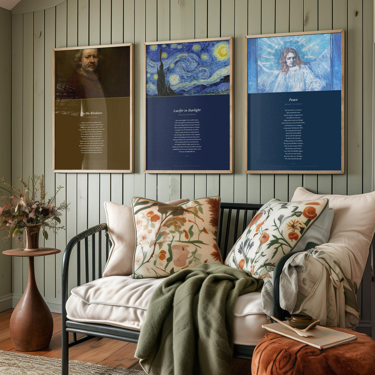 Faith Poems Set of Three Art Prints - On His Blindness, Lucifer in Starlight, Peace - Full Poems over Van Gogh Paintings - Poster Triptych