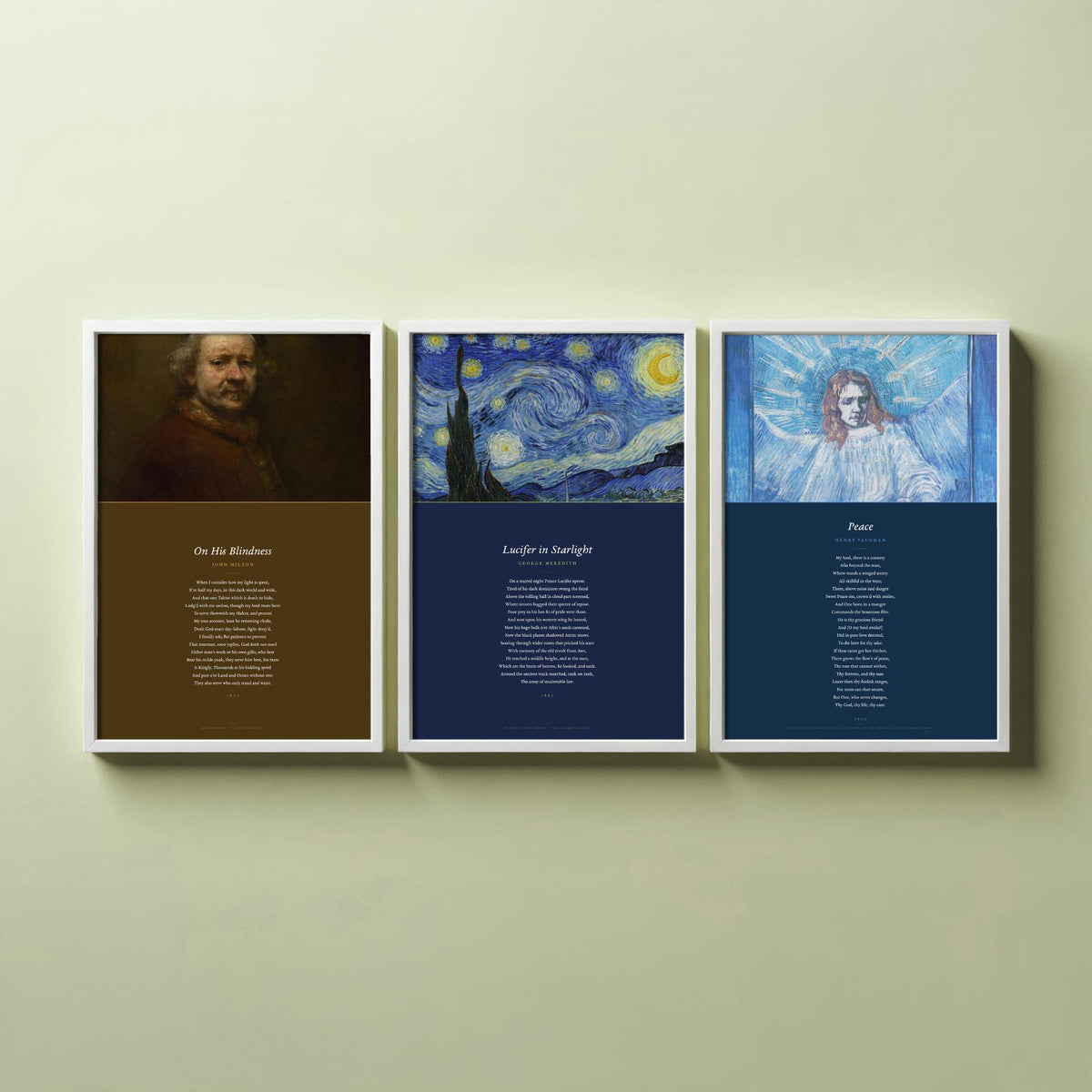 Faith Poems Set of Three Art Prints - On His Blindness, Lucifer in Starlight, Peace - Full Poems over Van Gogh Paintings - Poster Triptych