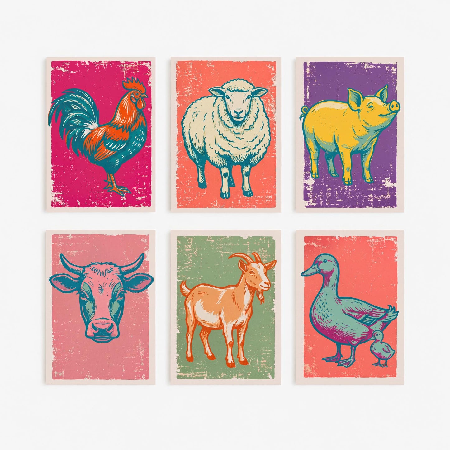 Set of Six Farmyard Animals Art Prints - 6 Linocut Illustrations - Cockerel, Sheep, Pig, Cow, Goat, Duck and Duckling - Farmhouse Posters