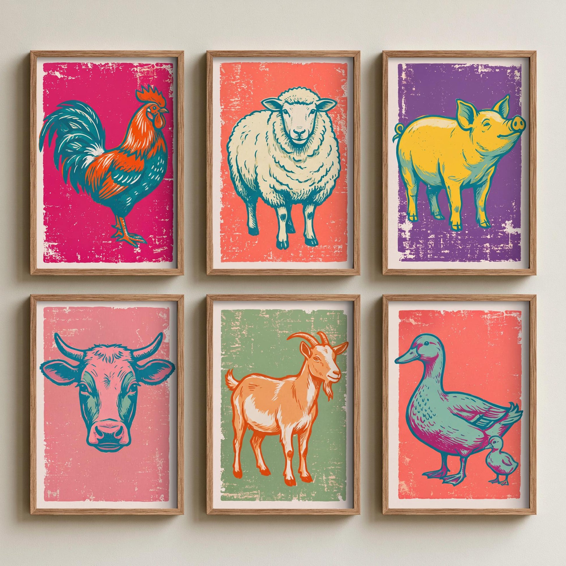 Set of Six Farmyard Animals Art Prints - 6 Linocut Illustrations - Cockerel, Sheep, Pig, Cow, Goat, Duck and Duckling - Farmhouse Posters