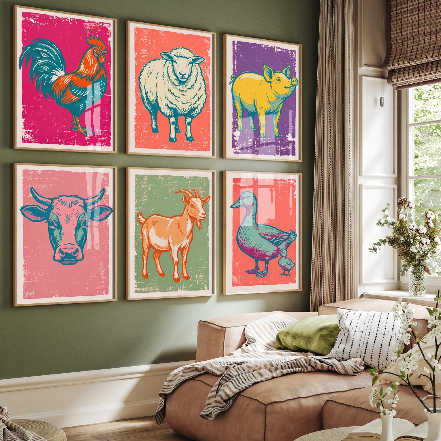 Set of Six Farmyard Animals Art Prints - 6 Linocut Illustrations - Cockerel, Sheep, Pig, Cow, Goat, Duck and Duckling - Farmhouse Posters