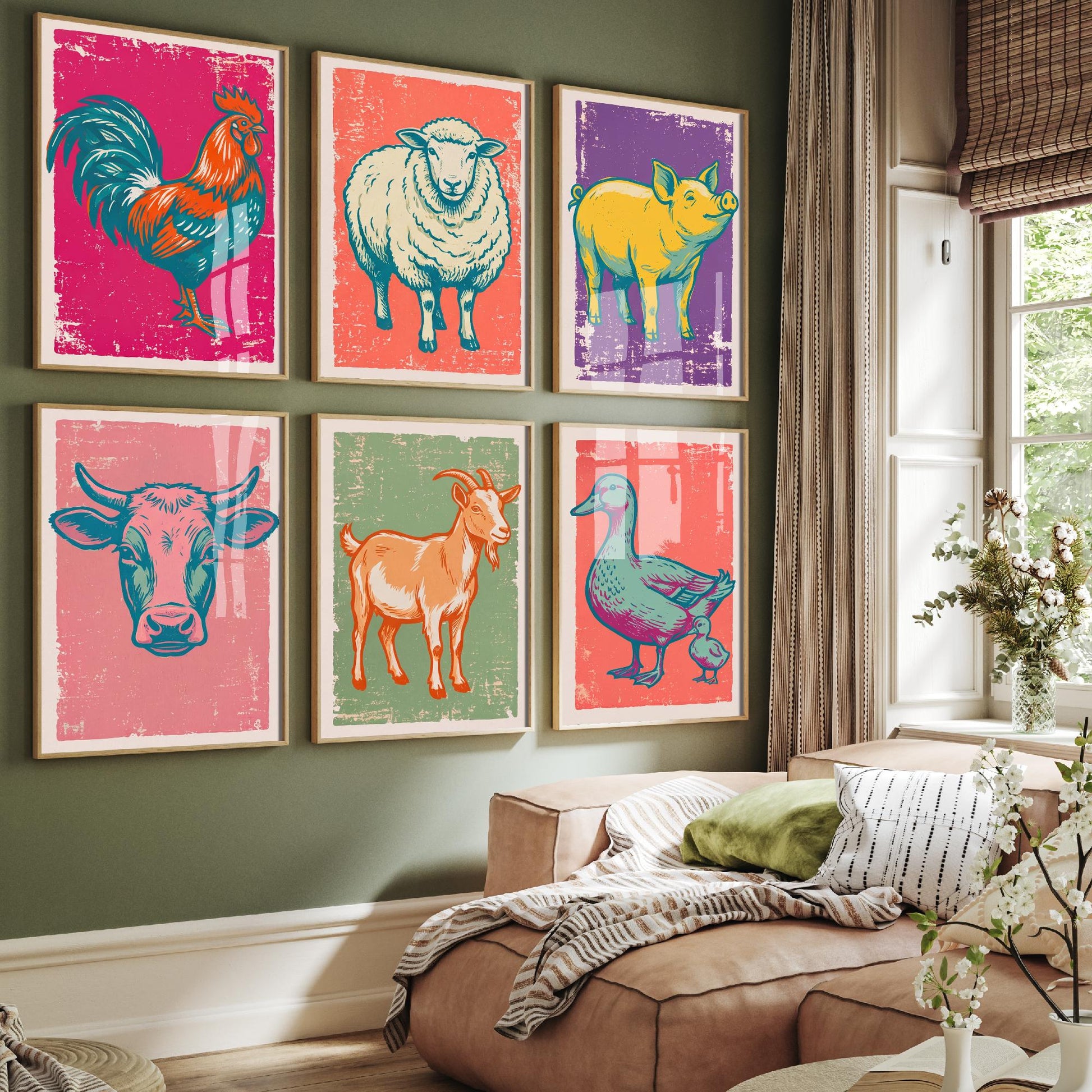 Set of Six Farmyard Animals Art Prints - 6 Linocut Illustrations - Cockerel, Sheep, Pig, Cow, Goat, Duck and Duckling - Farmhouse Posters