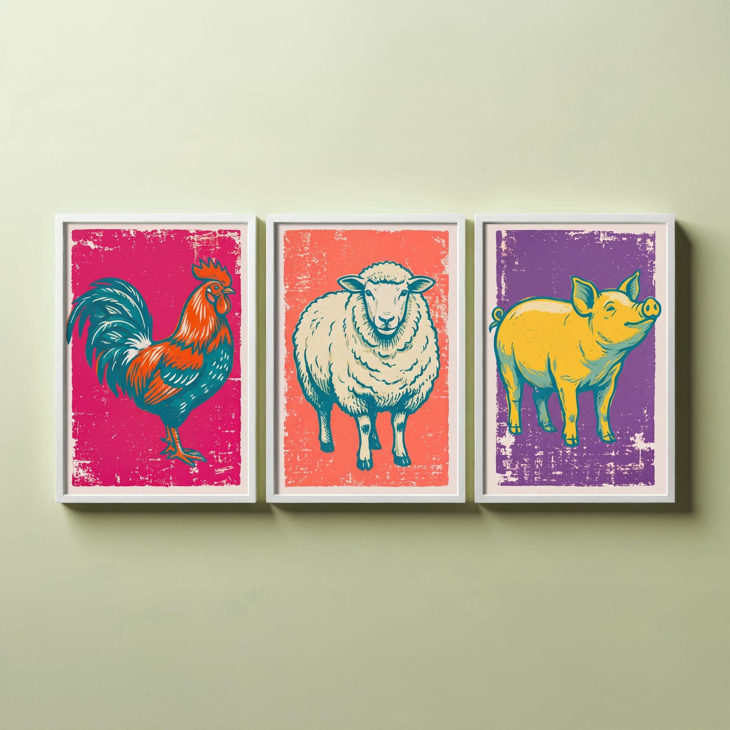 Cockerel, Sheep & Pig Set of Three Art Prints - Linocut Farm Animal Illustrations - Farmhouse Kitchen Triptych Posters V1