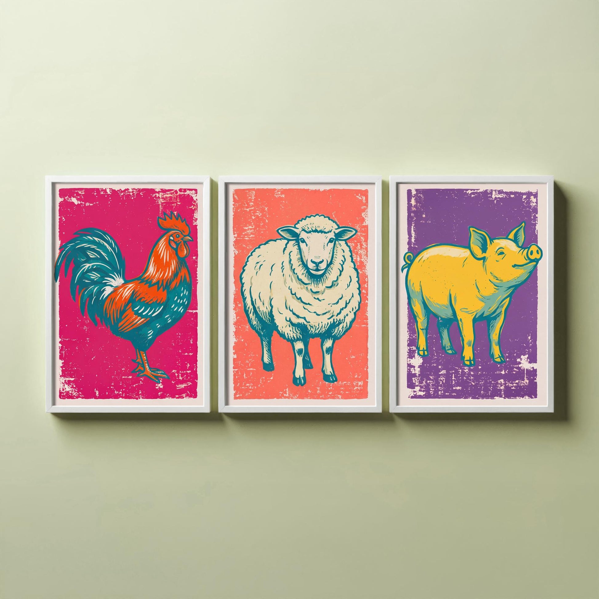 Cockerel, Sheep & Pig Set of Three Art Prints - Linocut Farm Animal Illustrations - Farmhouse Kitchen Triptych Posters V1