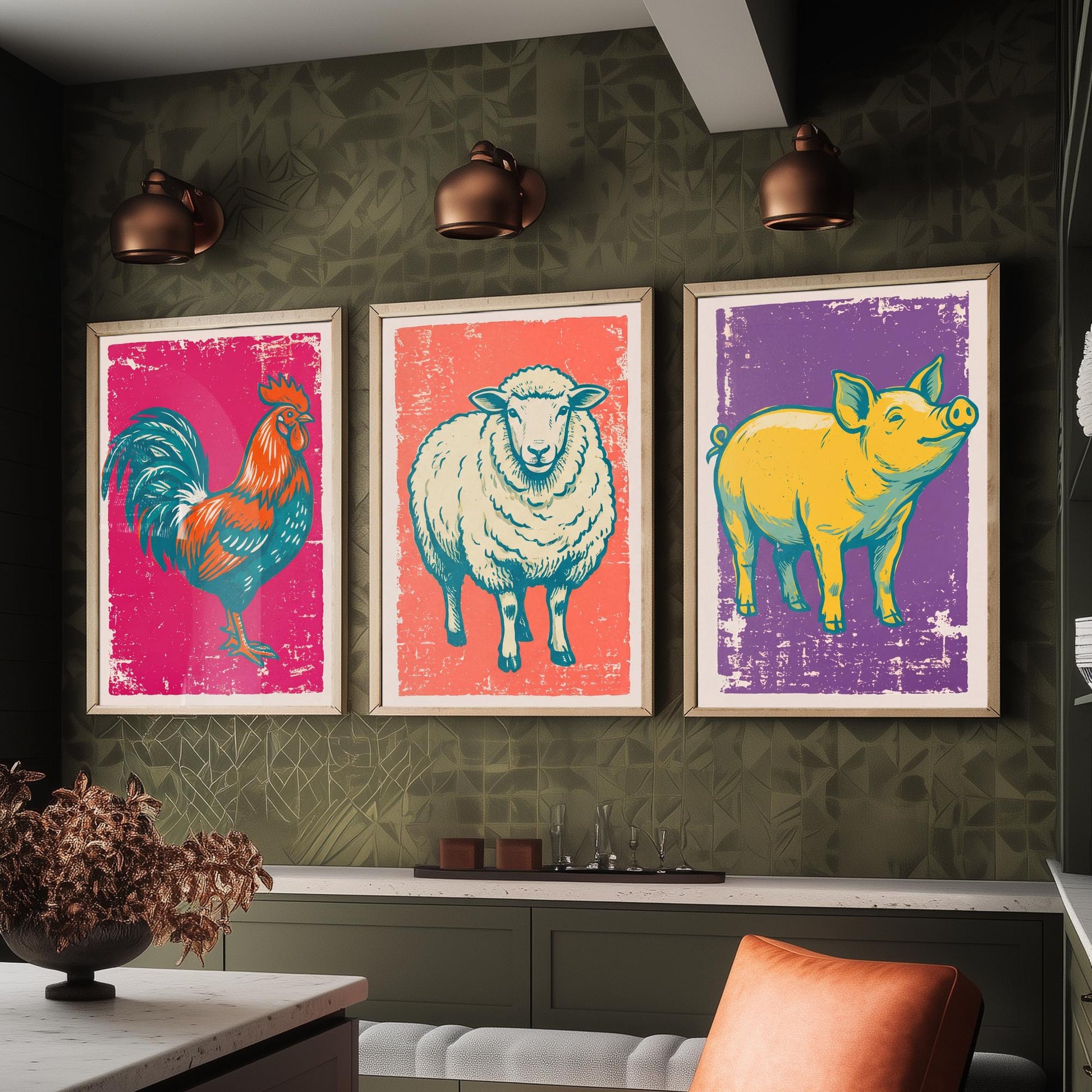 Cockerel, Sheep & Pig Set of Three Art Prints - Linocut Farm Animal Illustrations - Farmhouse Kitchen Triptych Posters V1