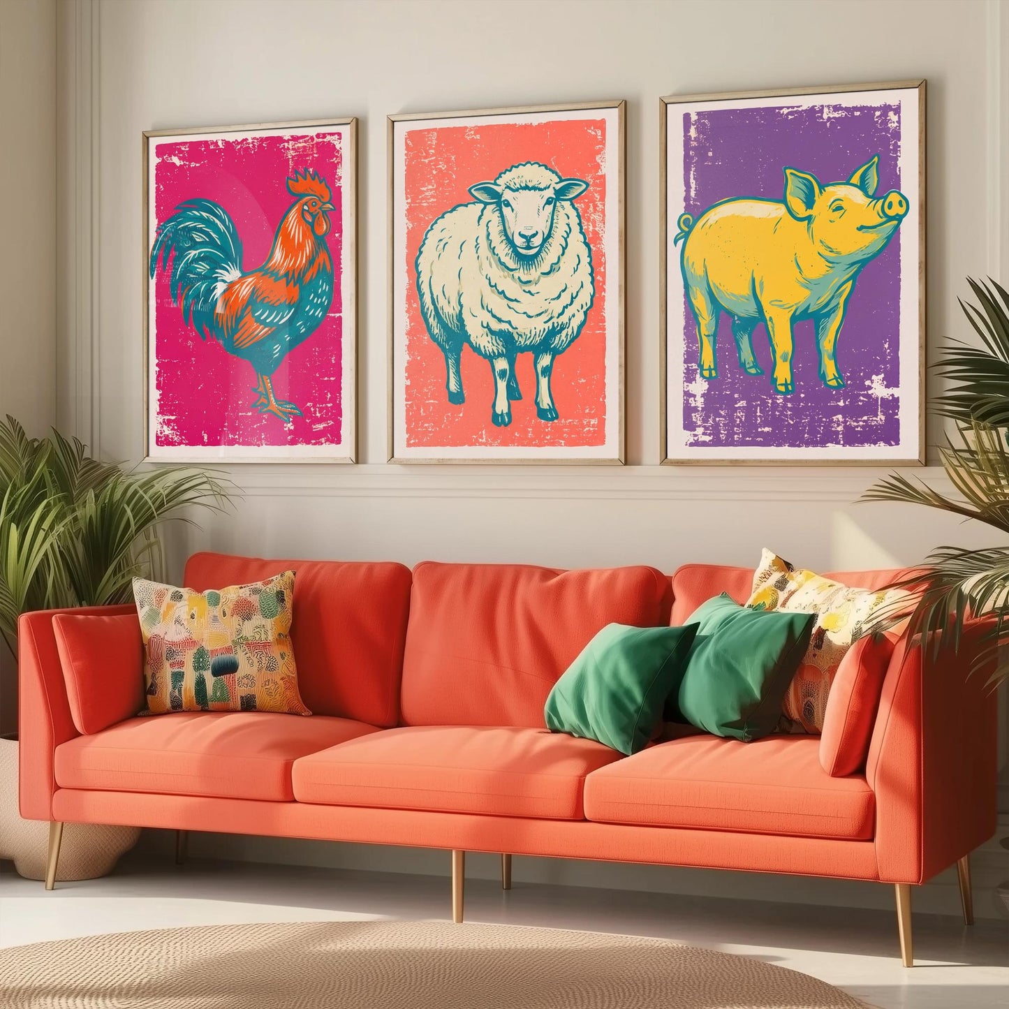 Cockerel, Sheep & Pig Set of Three Art Prints - Linocut Farm Animal Illustrations - Farmhouse Kitchen Triptych Posters V1