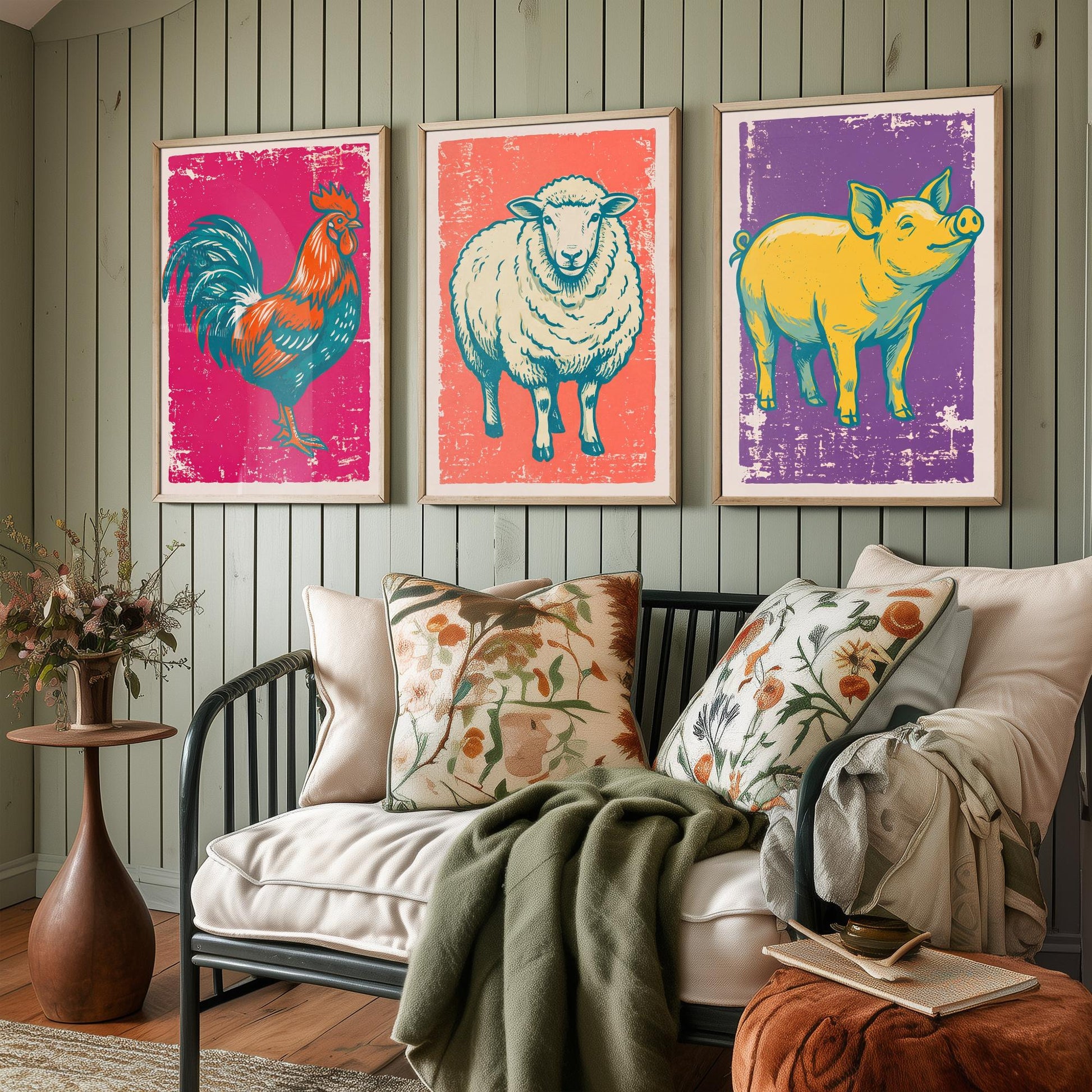 Cockerel, Sheep & Pig Set of Three Art Prints - Linocut Farm Animal Illustrations - Farmhouse Kitchen Triptych Posters V1