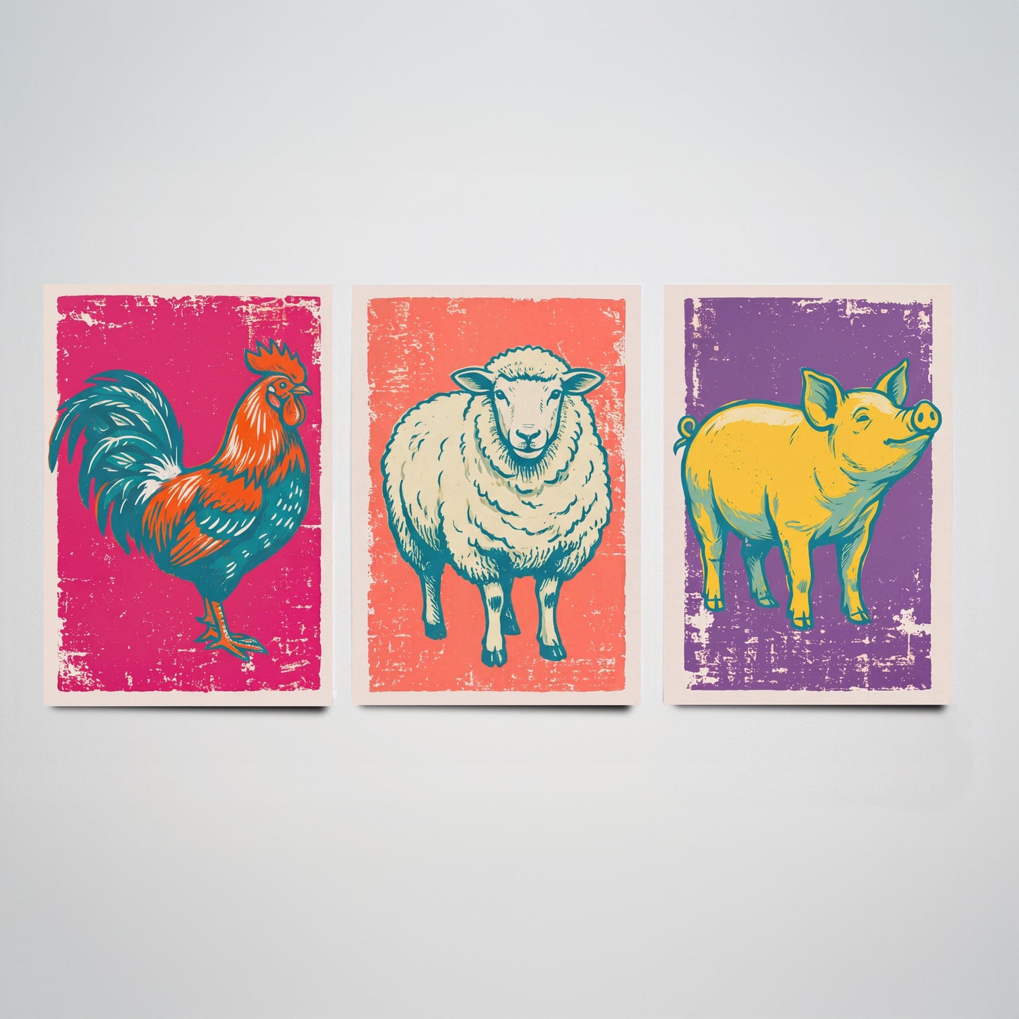 Cockerel, Sheep & Pig Set of Three Art Prints - Linocut Farm Animal Illustrations - Farmhouse Kitchen Triptych Posters V1
