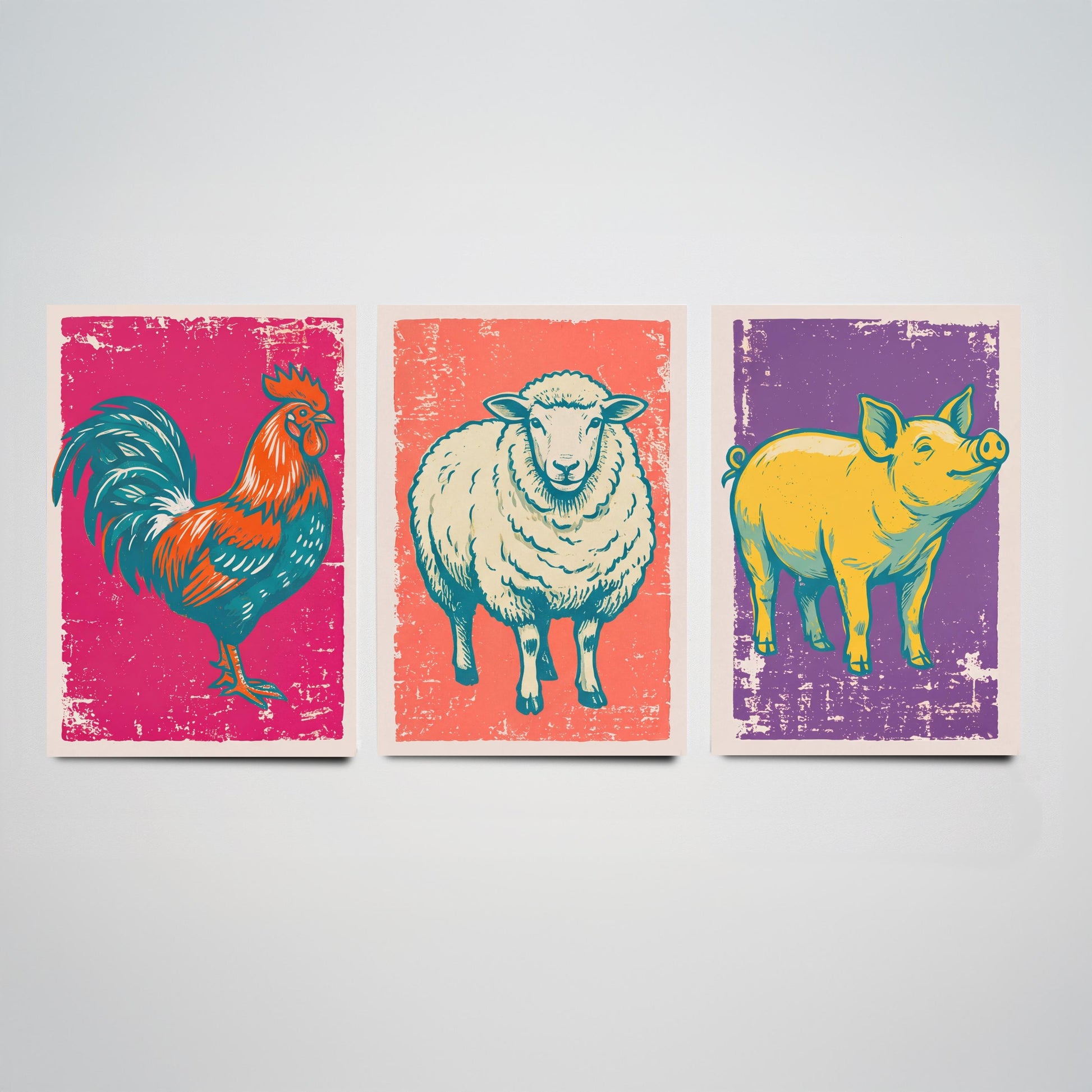 Cockerel, Sheep & Pig Set of Three Art Prints - Linocut Farm Animal Illustrations - Farmhouse Kitchen Triptych Posters V1