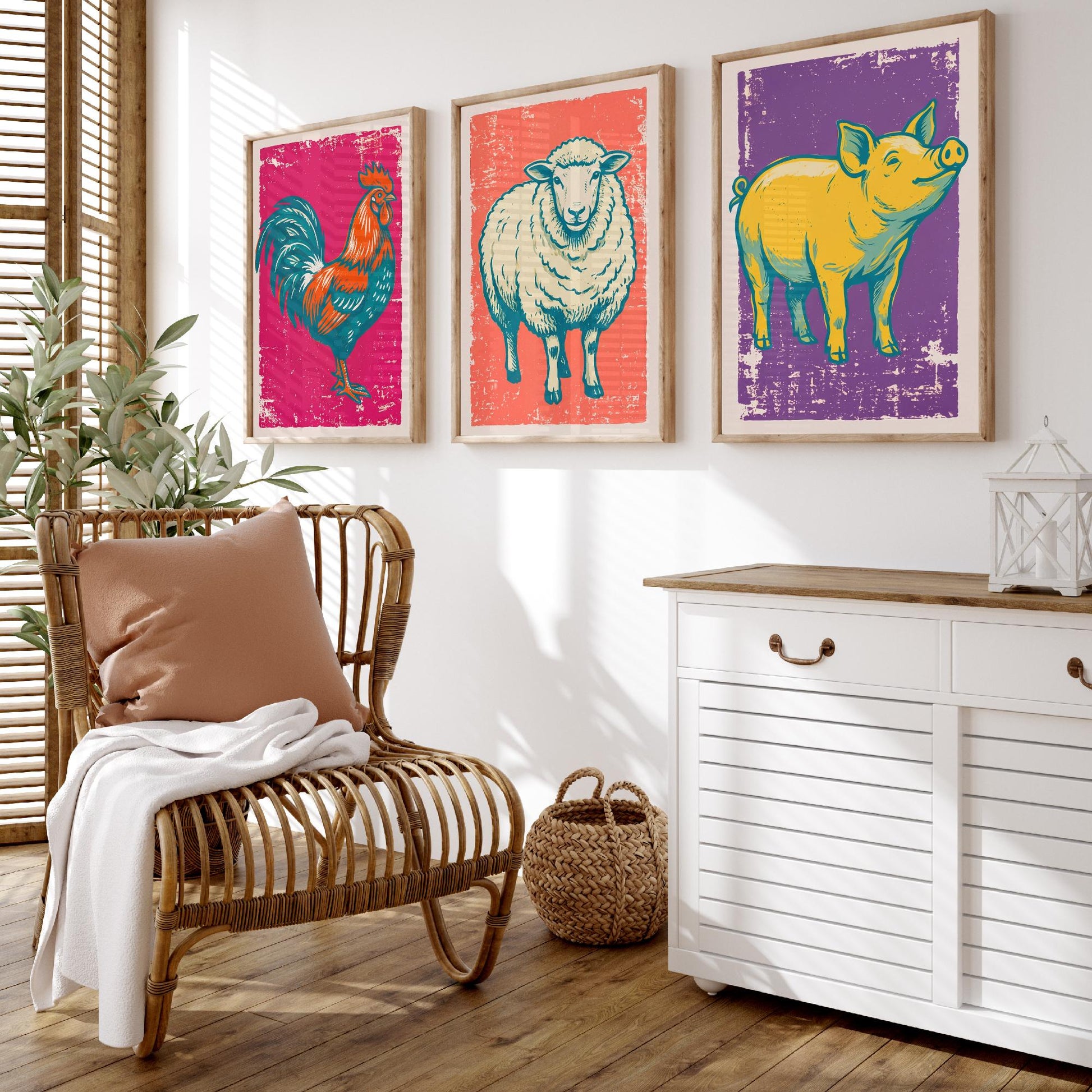 Cockerel, Sheep & Pig Set of Three Art Prints - Linocut Farm Animal Illustrations - Farmhouse Kitchen Triptych Posters V1