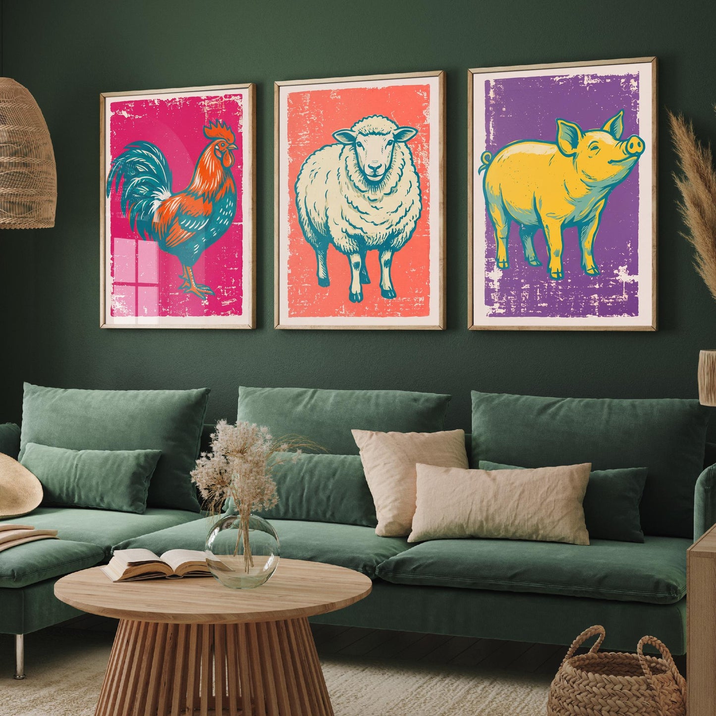 Cockerel, Sheep & Pig Set of Three Art Prints - Linocut Farm Animal Illustrations - Farmhouse Kitchen Triptych Posters V1