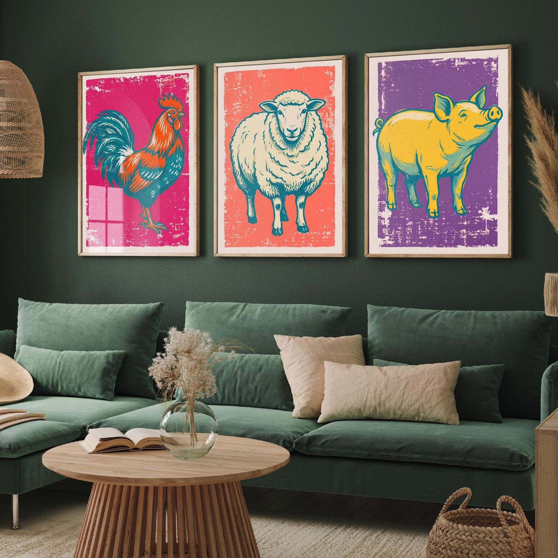 Cockerel, Sheep & Pig Set of Three Art Prints - Linocut Farm Animal Illustrations - Farmhouse Kitchen Triptych Posters V1