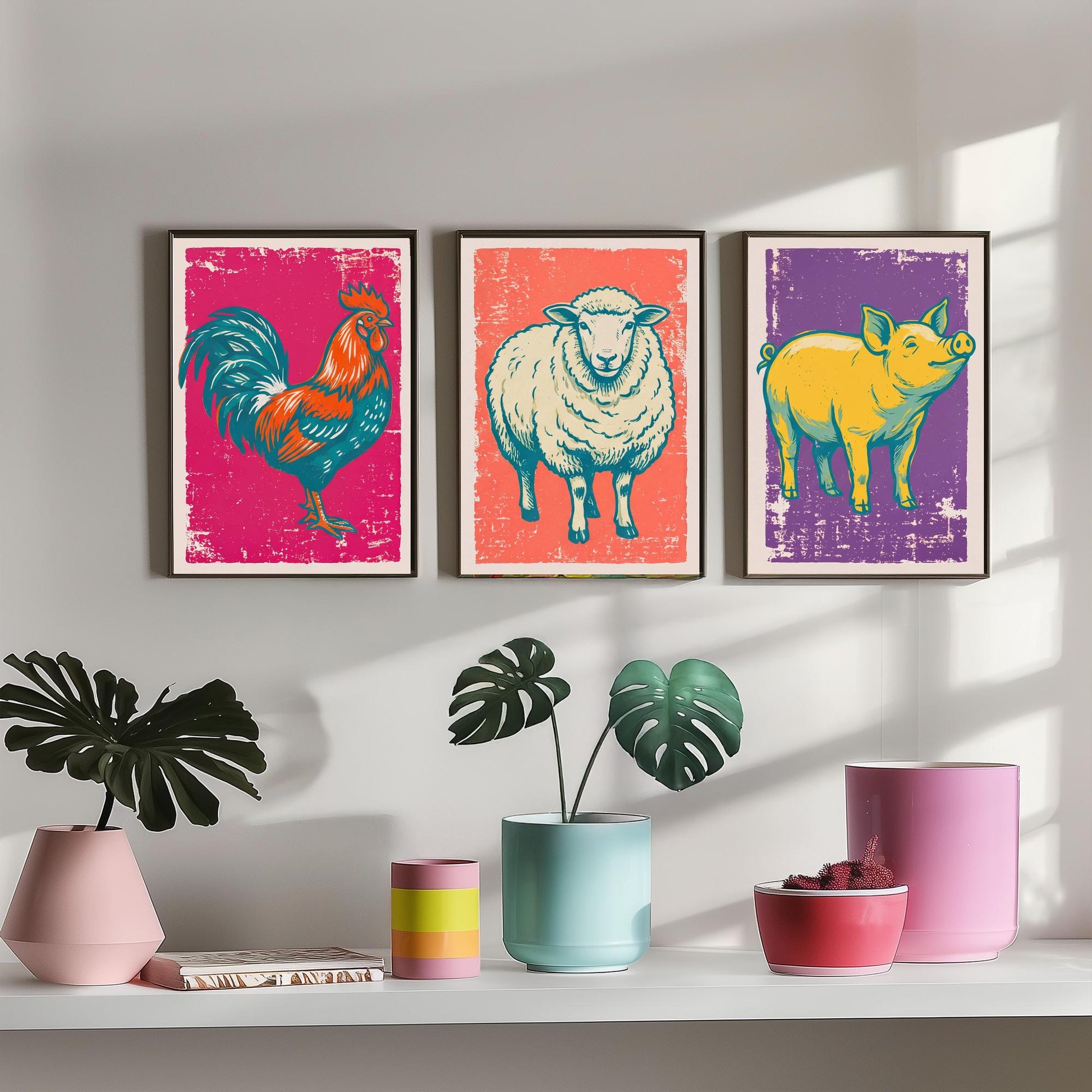 Cockerel, Sheep & Pig Set of Three Art Prints - Linocut Farm Animal Illustrations - Farmhouse Kitchen Triptych Posters V1