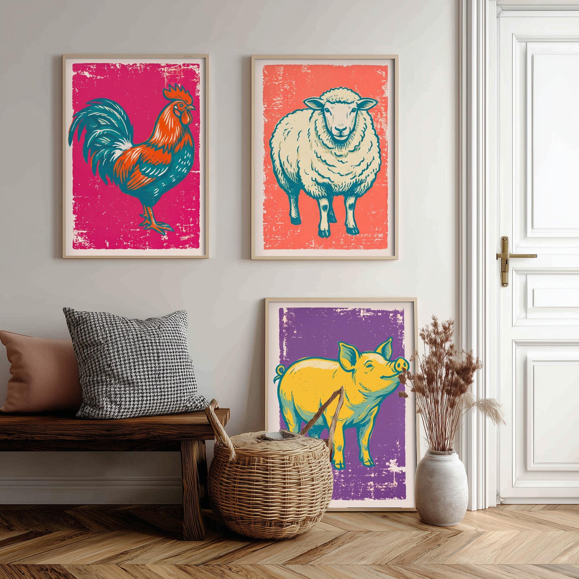 Cockerel, Sheep & Pig Set of Three Art Prints - Linocut Farm Animal Illustrations - Farmhouse Kitchen Triptych Posters V1