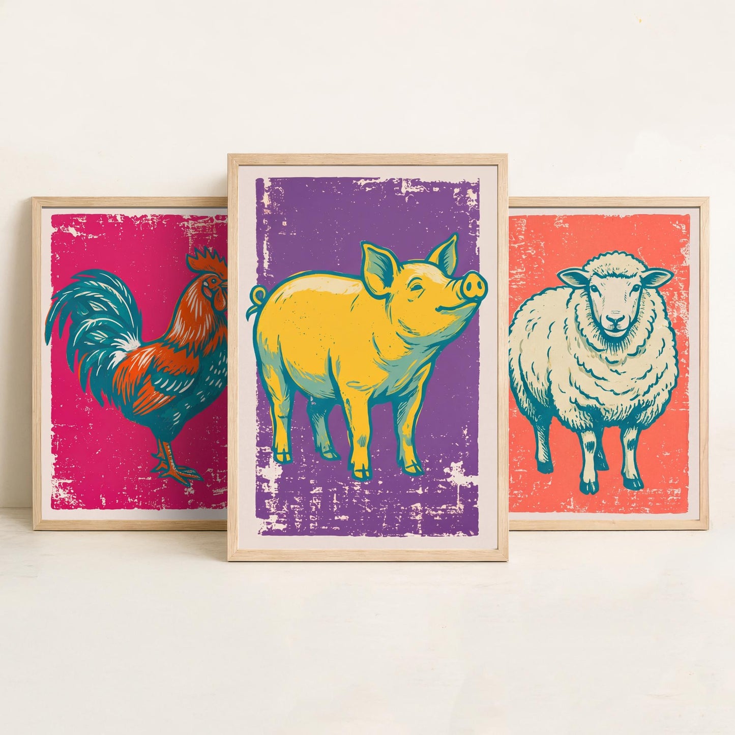 Cockerel, Sheep & Pig Set of Three Art Prints - Linocut Farm Animal Illustrations - Farmhouse Kitchen Triptych Posters V1