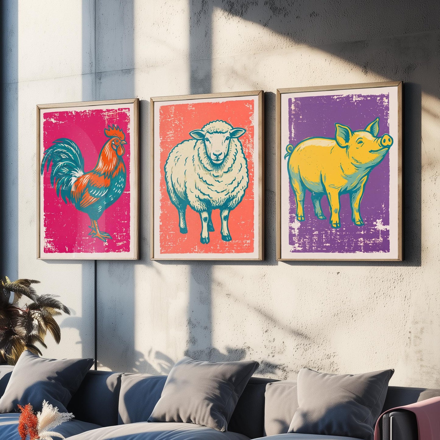 Cockerel, Sheep & Pig Set of Three Art Prints - Linocut Farm Animal Illustrations - Farmhouse Kitchen Triptych Posters V1