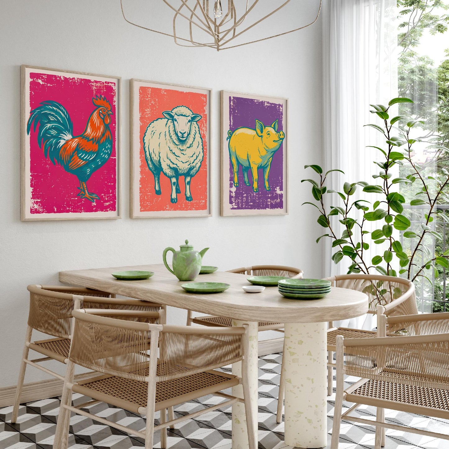Cockerel, Sheep & Pig Set of Three Art Prints - Linocut Farm Animal Illustrations - Farmhouse Kitchen Triptych Posters V1