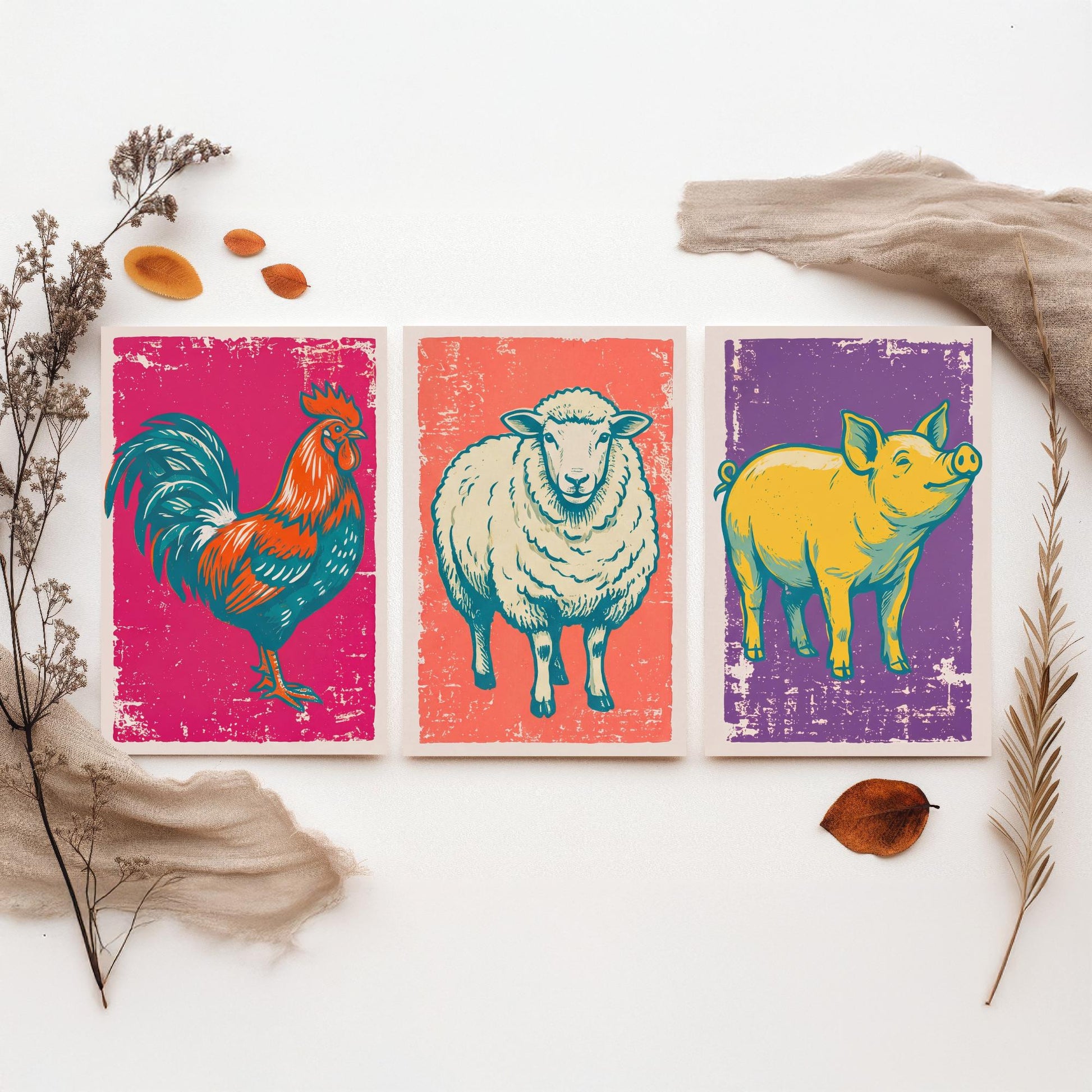 Cockerel, Sheep & Pig Set of Three Art Prints - Linocut Farm Animal Illustrations - Farmhouse Kitchen Triptych Posters V1