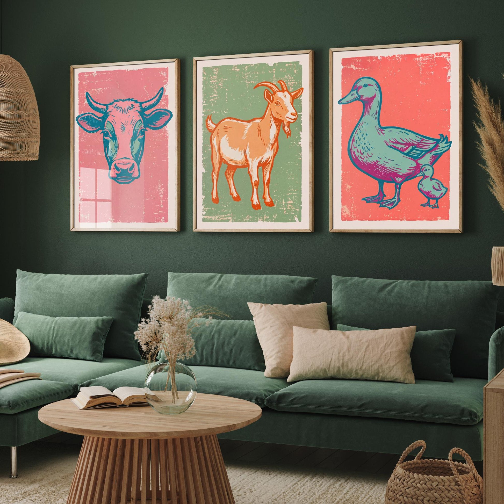 Cow, Goat & Duck Set of Three Art Prints - Linocut Farm Animal Illustrations - Farmhouse Nursery Triptych Posters V2