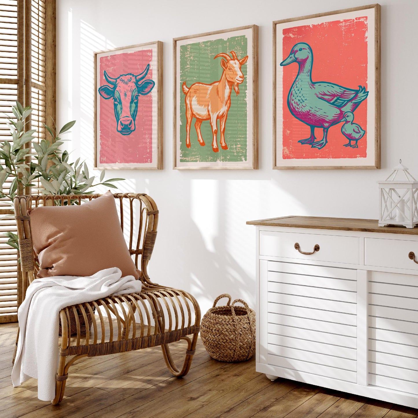 Cow, Goat & Duck Set of Three Art Prints - Linocut Farm Animal Illustrations - Farmhouse Nursery Triptych Posters V2