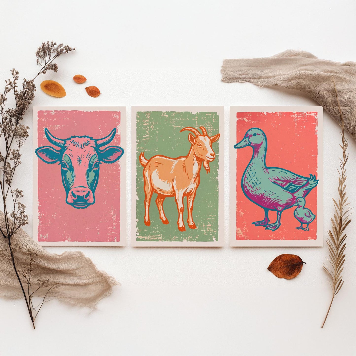 Cow, Goat & Duck Set of Three Art Prints - Linocut Farm Animal Illustrations - Farmhouse Nursery Triptych Posters V2