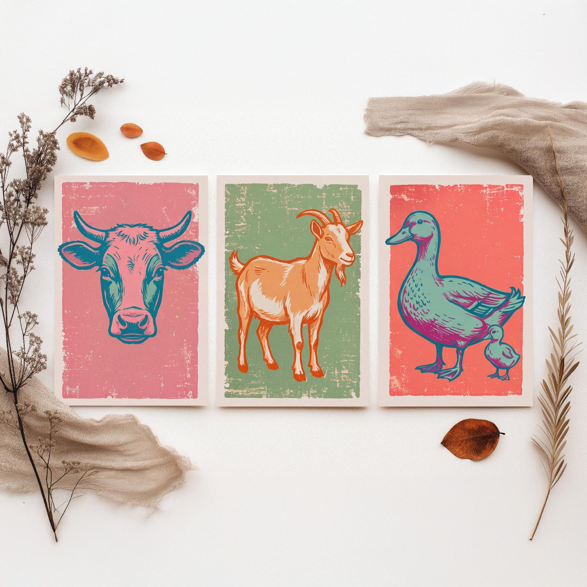 Cow, Goat & Duck Set of Three Art Prints - Linocut Farm Animal Illustrations - Farmhouse Nursery Triptych Posters V2