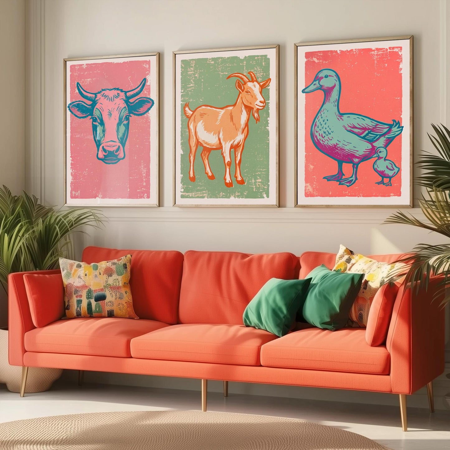 Cow, Goat & Duck Set of Three Art Prints - Linocut Farm Animal Illustrations - Farmhouse Nursery Triptych Posters V2