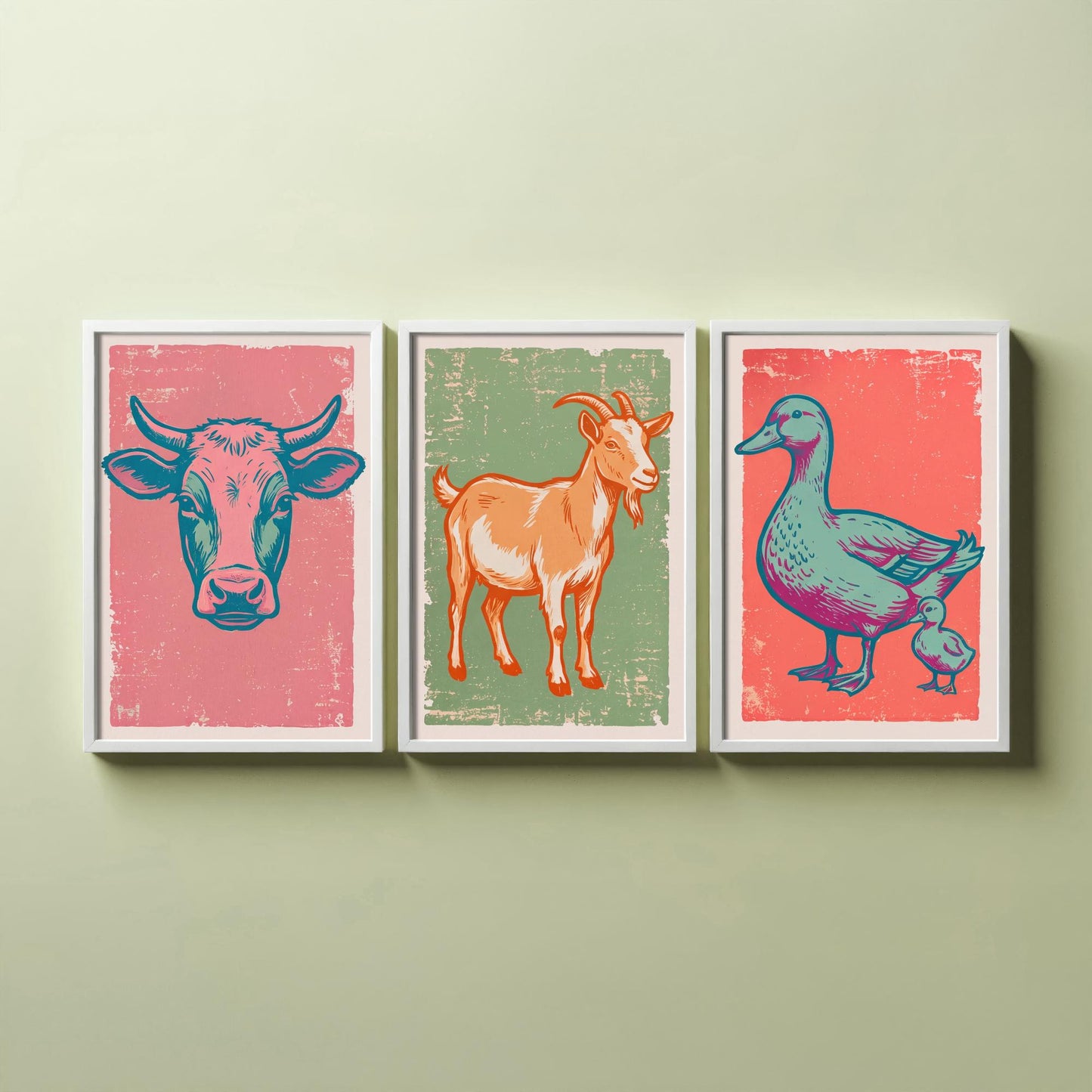 Cow, Goat & Duck Set of Three Art Prints - Linocut Farm Animal Illustrations - Farmhouse Nursery Triptych Posters V2