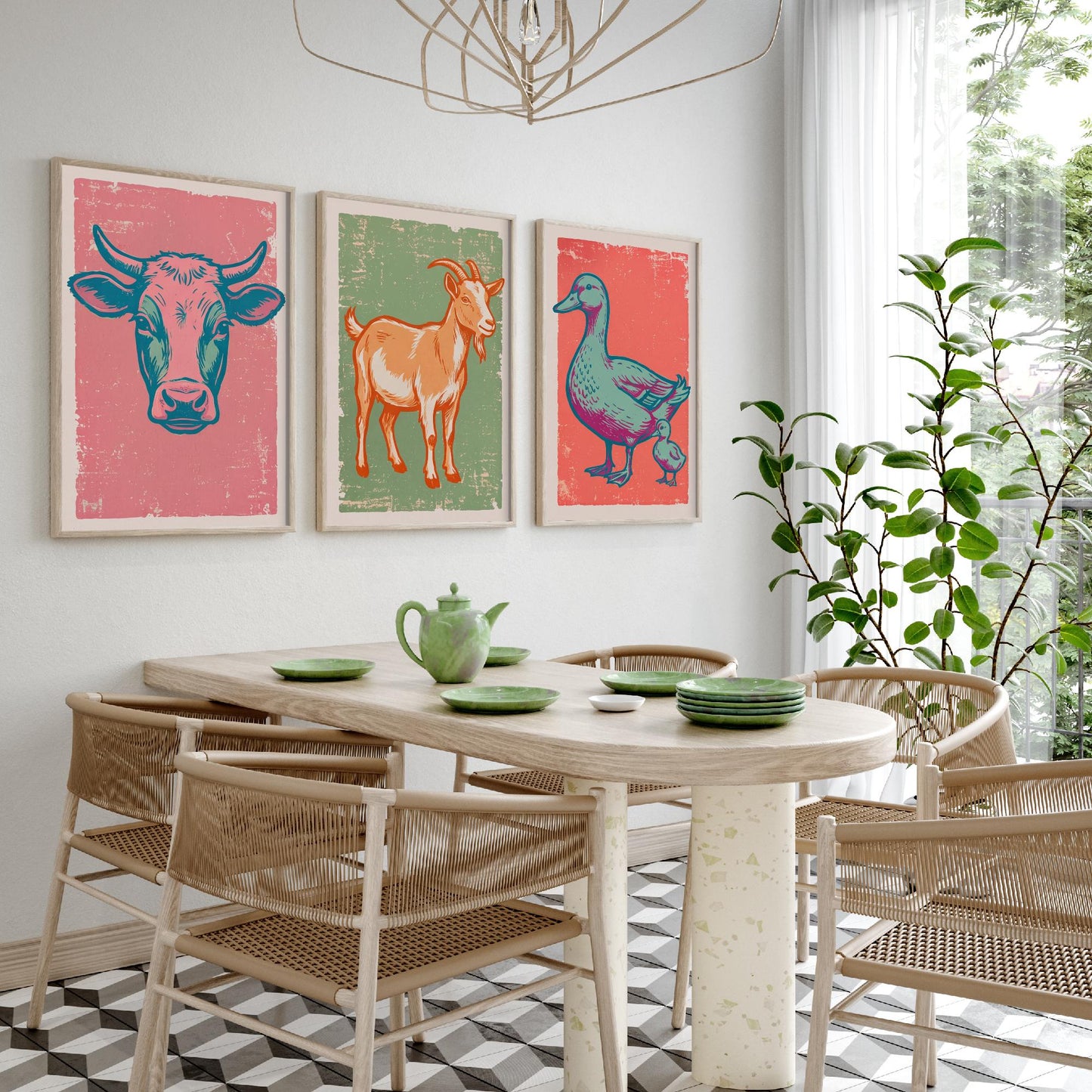 Cow, Goat & Duck Set of Three Art Prints - Linocut Farm Animal Illustrations - Farmhouse Nursery Triptych Posters V2