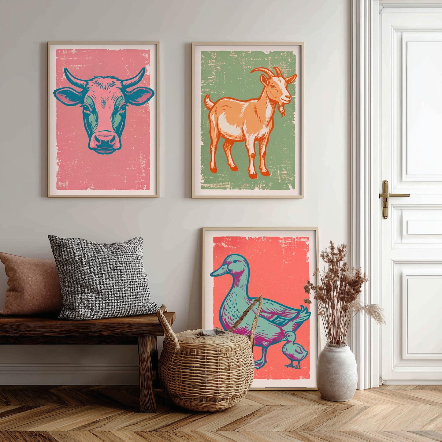 Cow, Goat & Duck Set of Three Art Prints - Linocut Farm Animal Illustrations - Farmhouse Nursery Triptych Posters V2