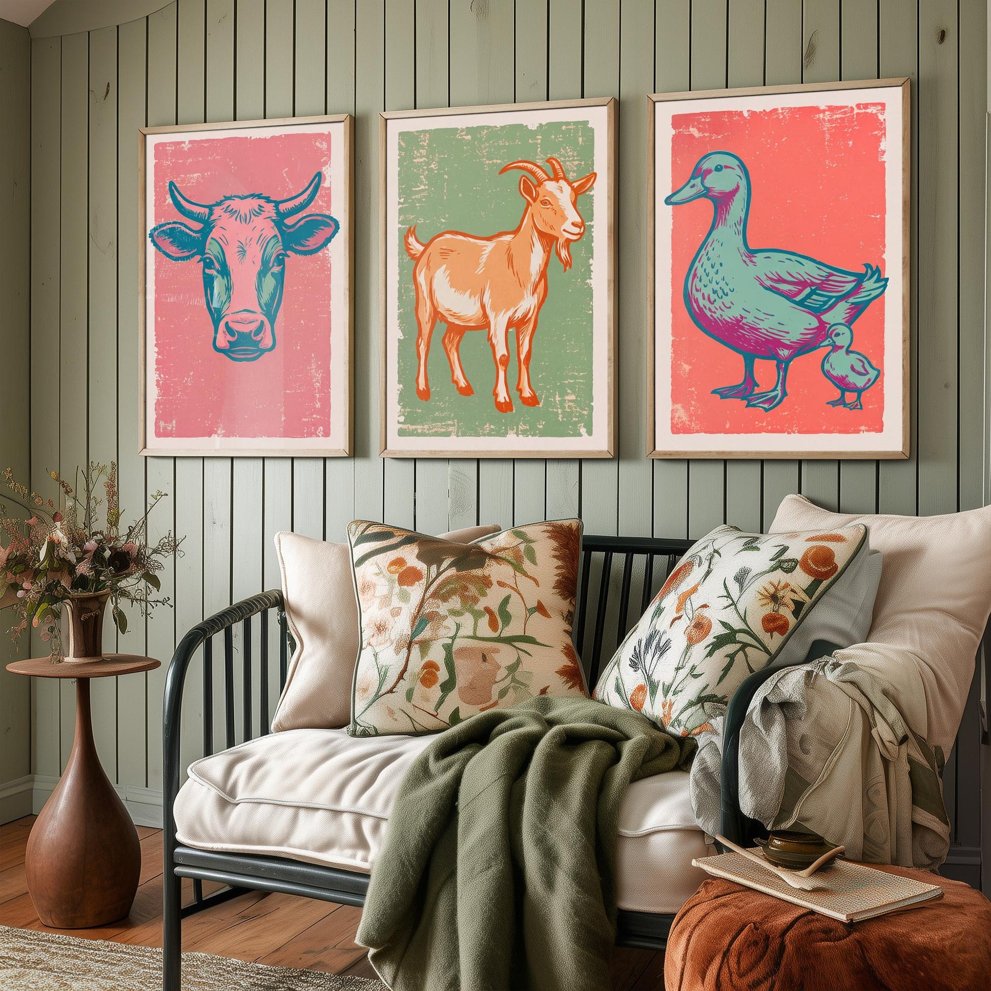 Cow, Goat & Duck Set of Three Art Prints - Linocut Farm Animal Illustrations - Farmhouse Nursery Triptych Posters V2