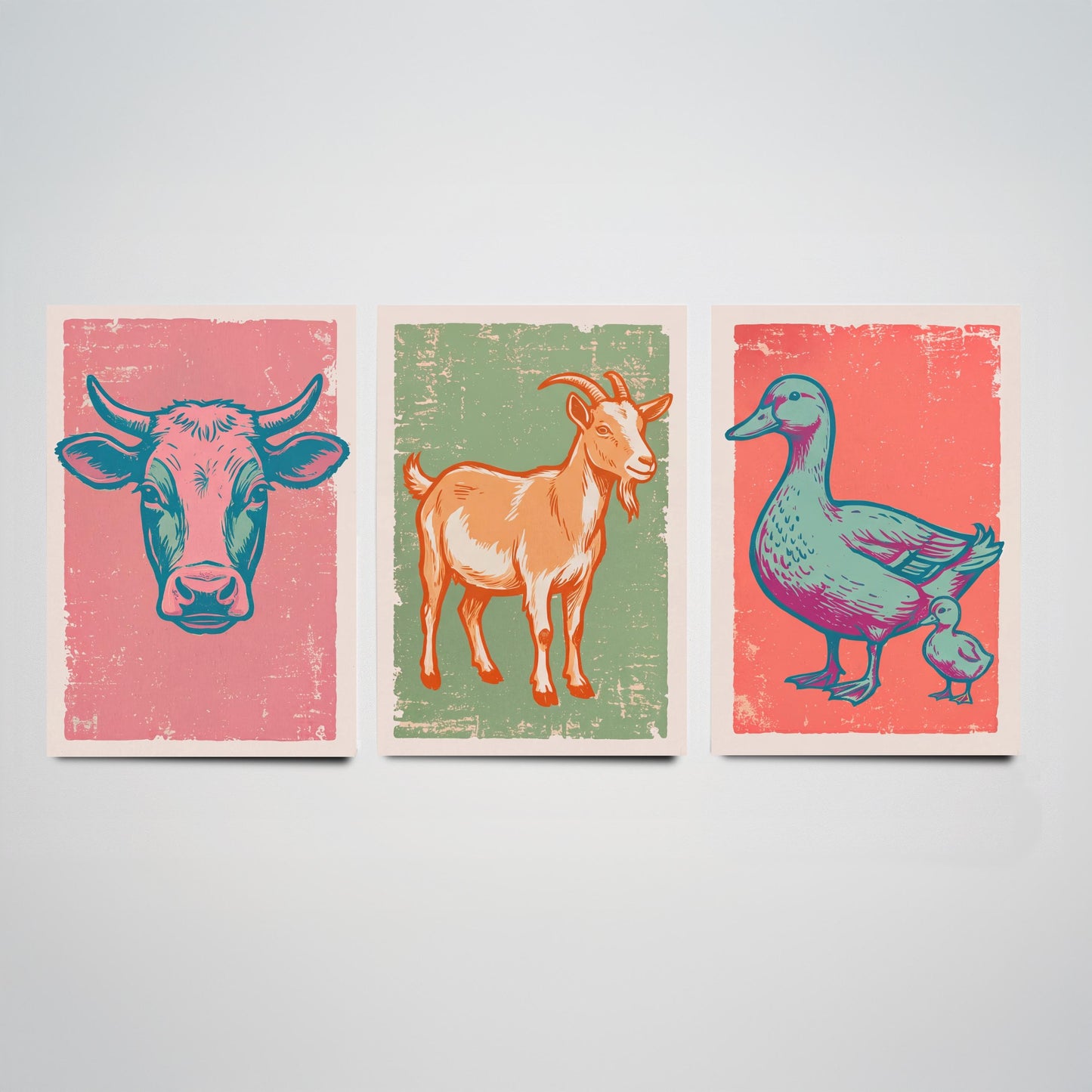 Cow, Goat & Duck Set of Three Art Prints - Linocut Farm Animal Illustrations - Farmhouse Nursery Triptych Posters V2