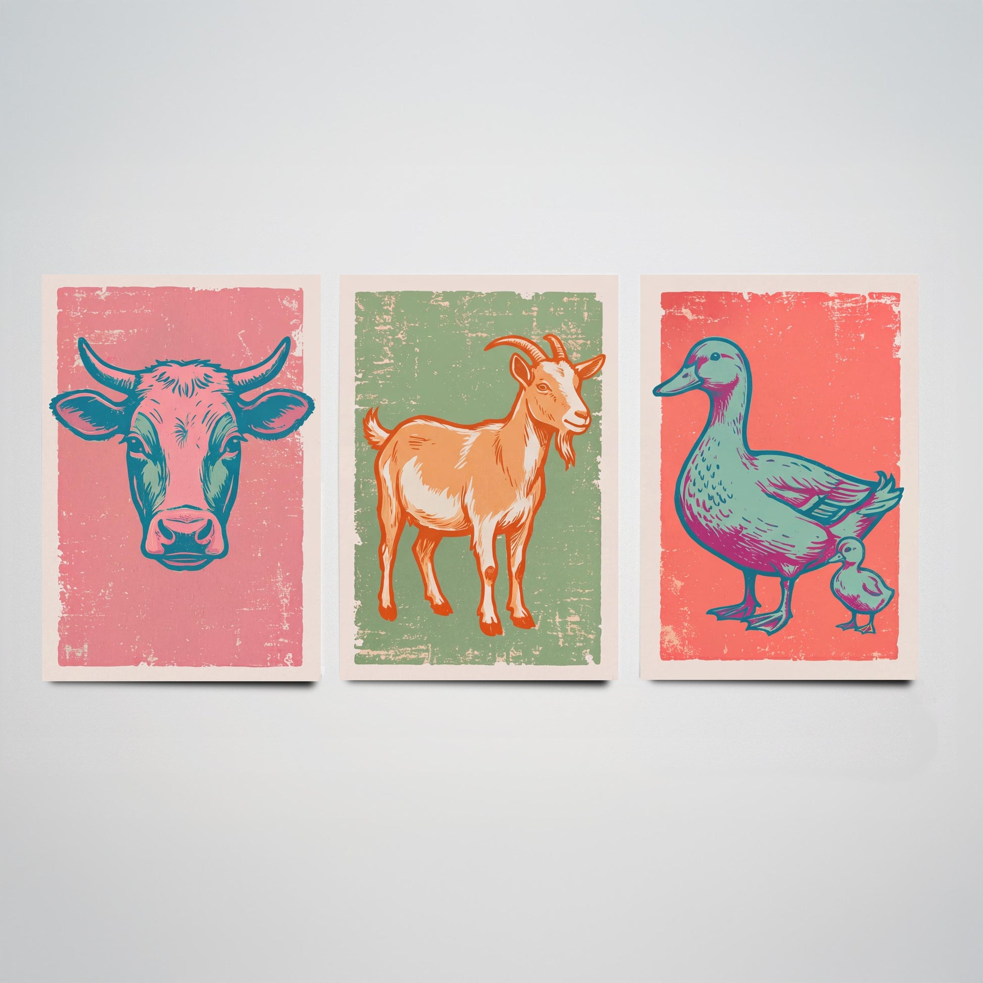 Cow, Goat & Duck Set of Three Art Prints - Linocut Farm Animal Illustrations - Farmhouse Nursery Triptych Posters V2