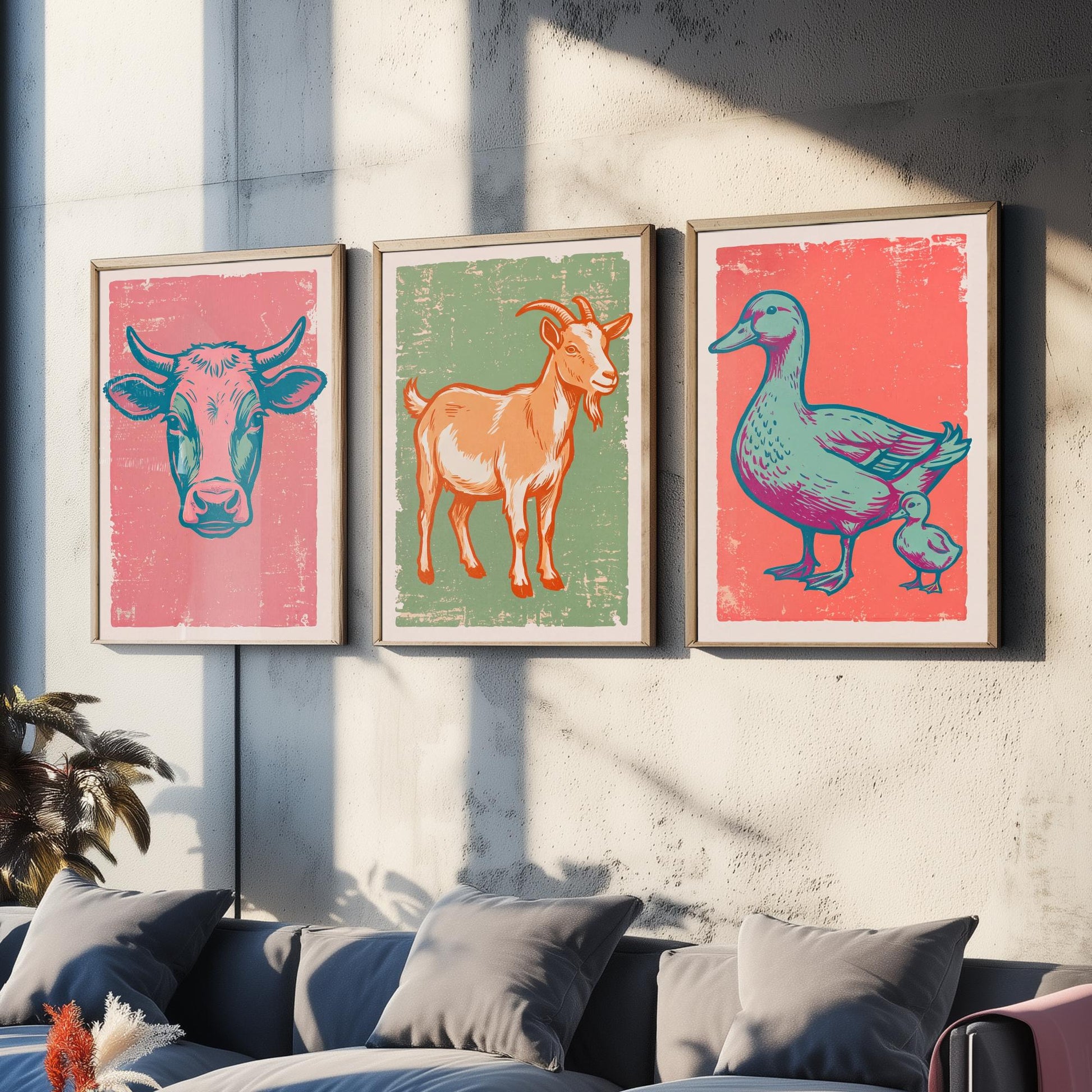 Cow, Goat & Duck Set of Three Art Prints - Linocut Farm Animal Illustrations - Farmhouse Nursery Triptych Posters V2