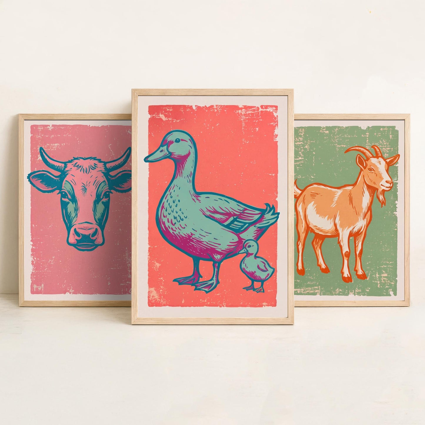 Cow, Goat & Duck Set of Three Art Prints - Linocut Farm Animal Illustrations - Farmhouse Nursery Triptych Posters V2