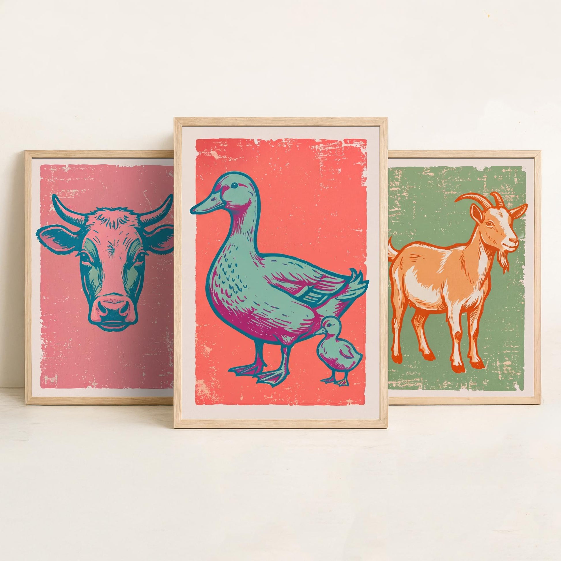Cow, Goat & Duck Set of Three Art Prints - Linocut Farm Animal Illustrations - Farmhouse Nursery Triptych Posters V2