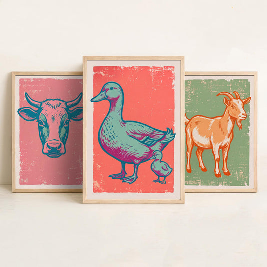 Cow, Goat & Duck Set of Three Art Prints - Linocut Farm Animal Illustrations - Farmhouse Nursery Triptych Posters V2