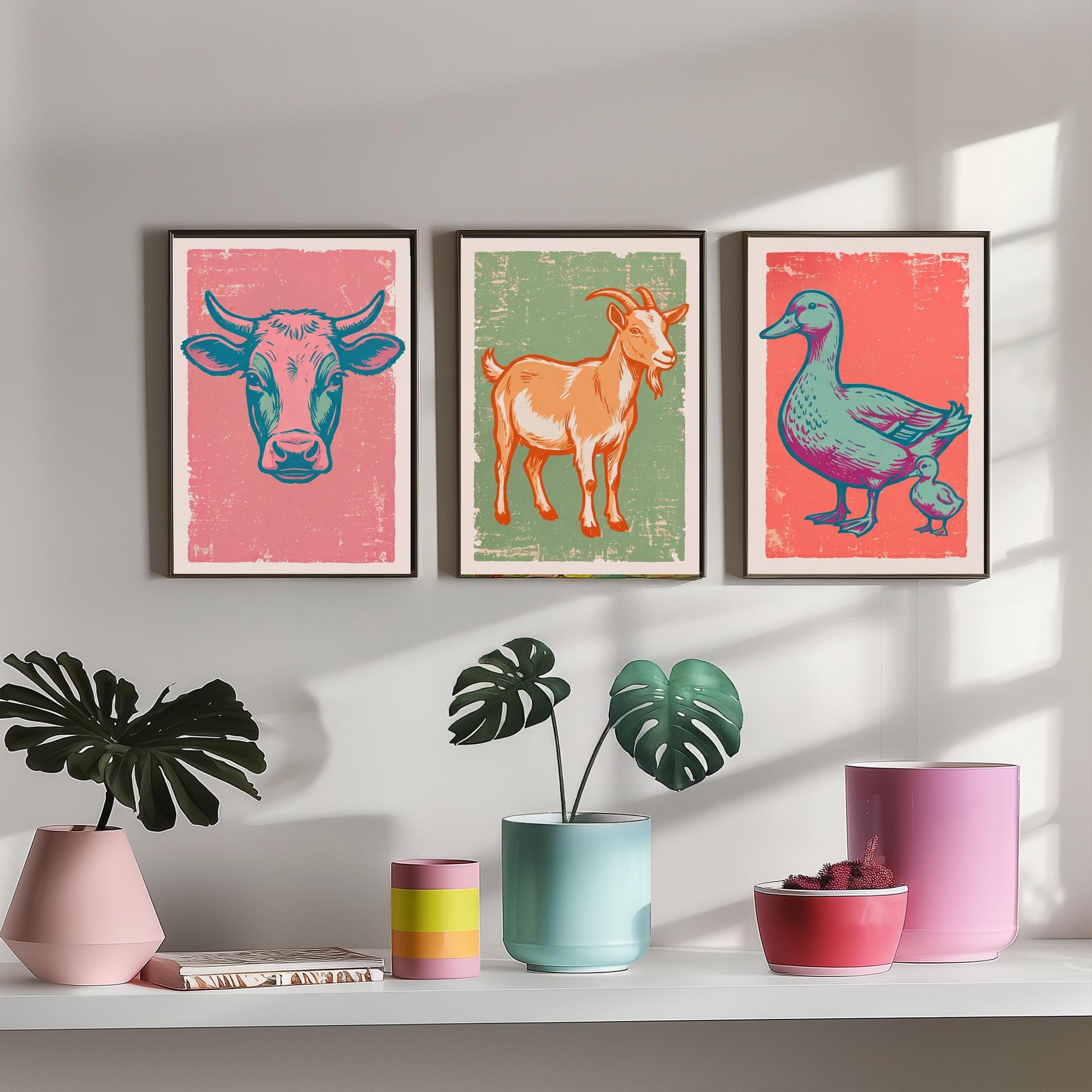 Cow, Goat & Duck Set of Three Art Prints - Linocut Farm Animal Illustrations - Farmhouse Nursery Triptych Posters V2