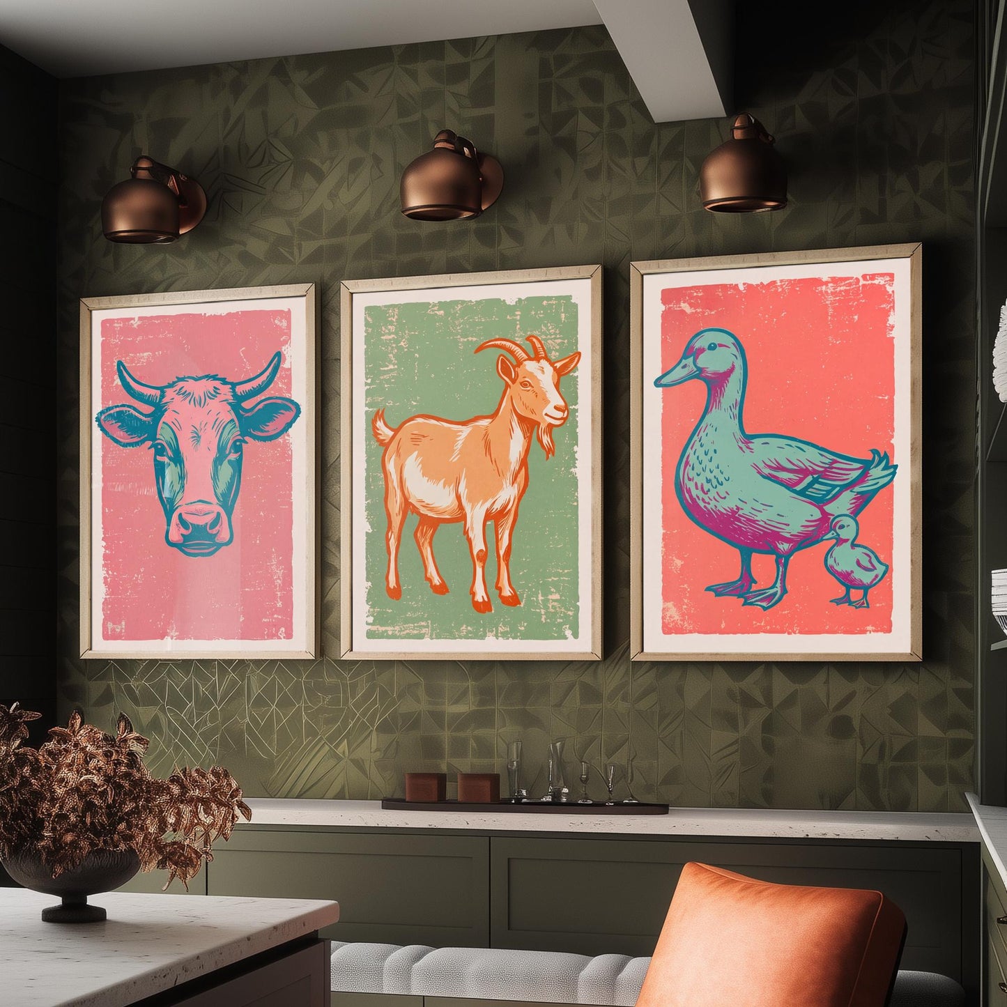 Cow, Goat & Duck Set of Three Art Prints - Linocut Farm Animal Illustrations - Farmhouse Nursery Triptych Posters V2
