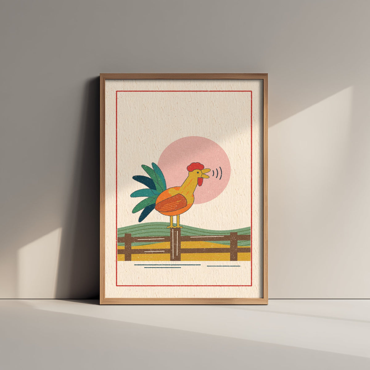 Crowing Cockerel Art Print - Farmyard Linocut Style Poster - Rooster Sunrise Illustration V2 1/3