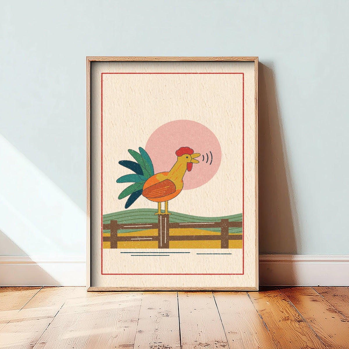 Crowing Cockerel Art Print - Farmyard Linocut Style Poster - Rooster Sunrise Illustration V2 1/3