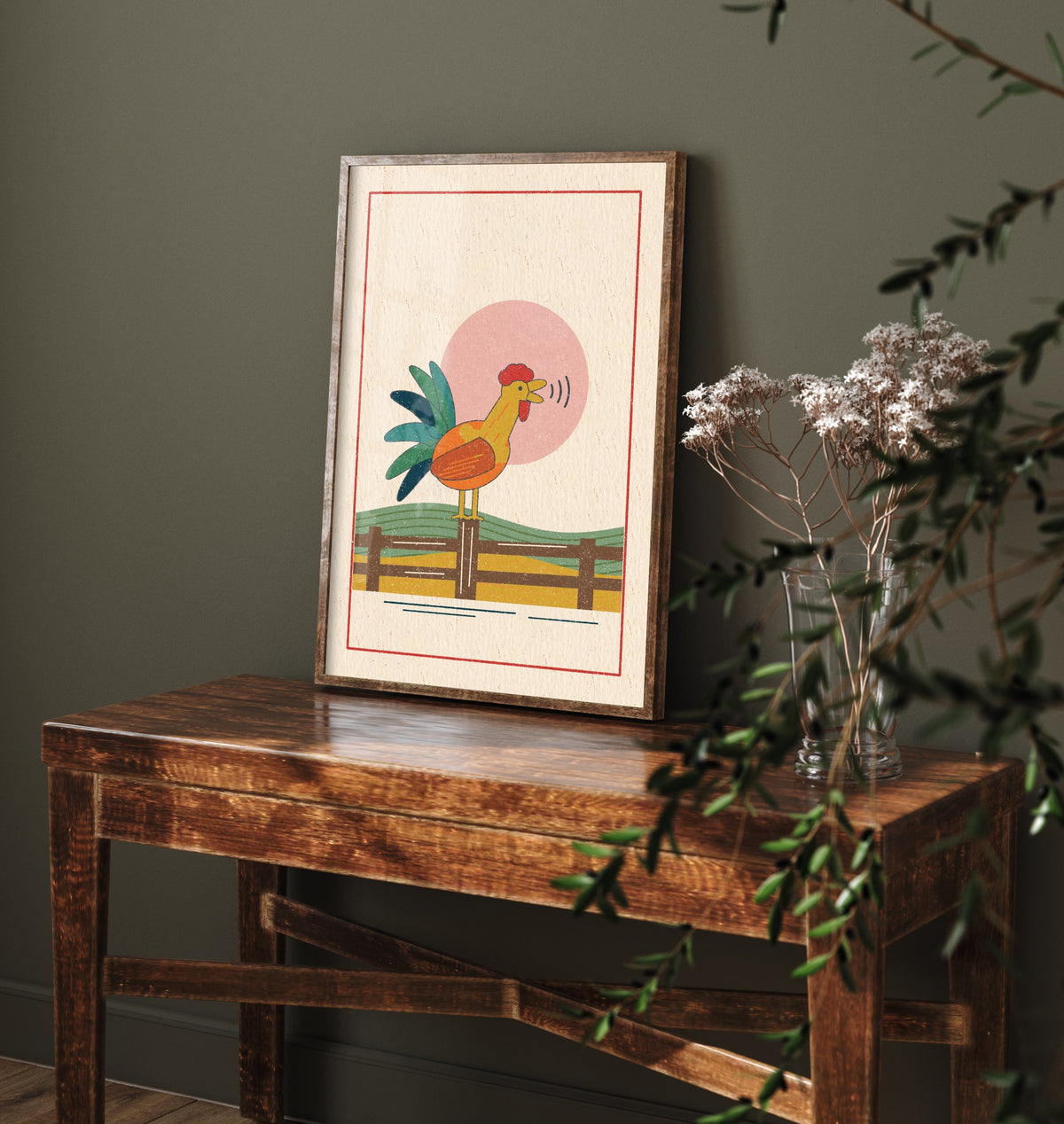 Crowing Cockerel Art Print - Farmyard Linocut Style Poster - Rooster Sunrise Illustration V2 1/3