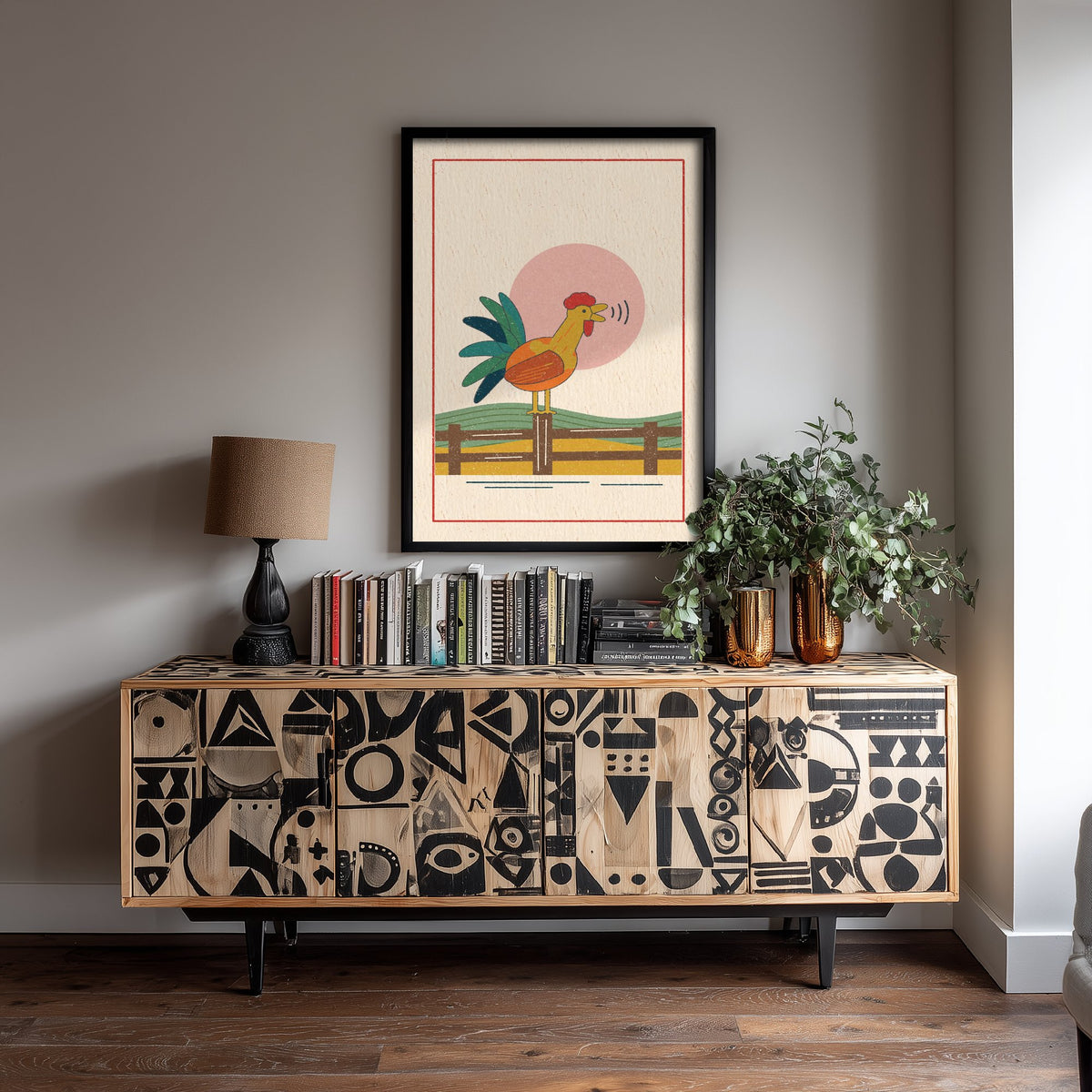 Crowing Cockerel Art Print - Farmyard Linocut Style Poster - Rooster Sunrise Illustration V2 1/3