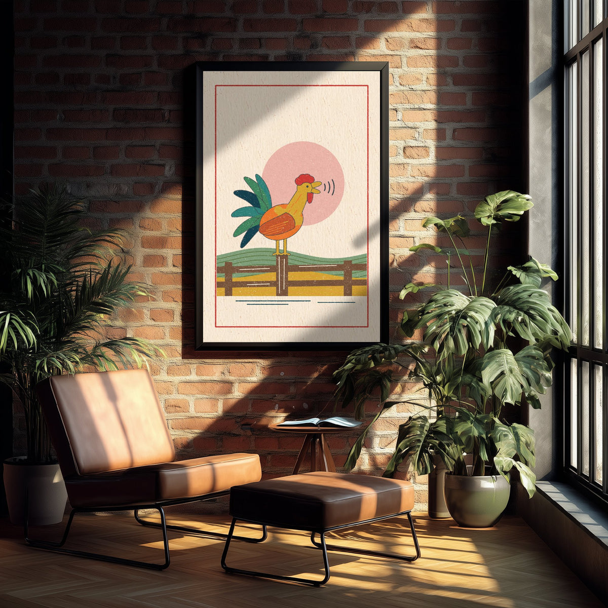 Crowing Cockerel Art Print - Farmyard Linocut Style Poster - Rooster Sunrise Illustration V2 1/3