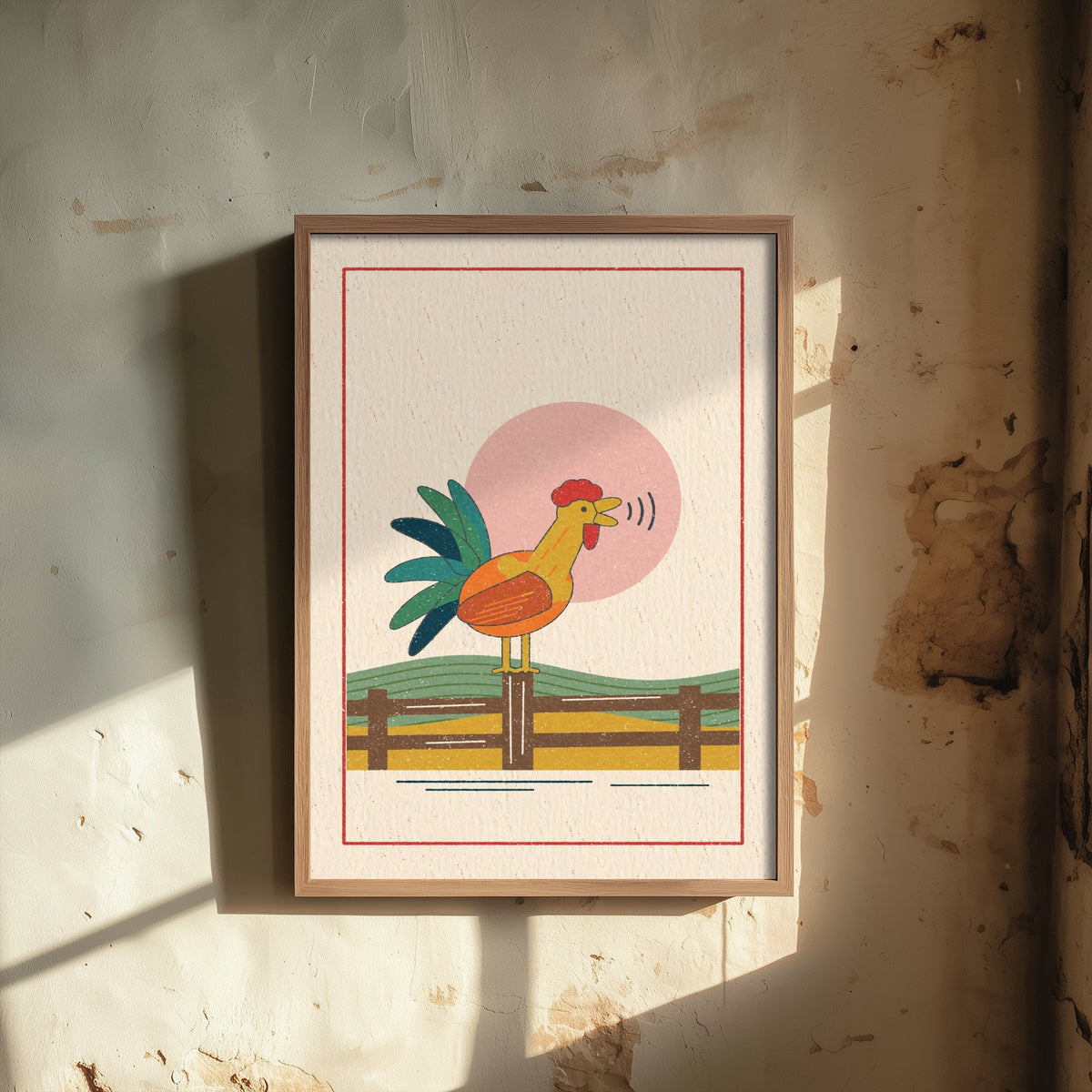 Crowing Cockerel Art Print - Farmyard Linocut Style Poster - Rooster Sunrise Illustration V2 1/3
