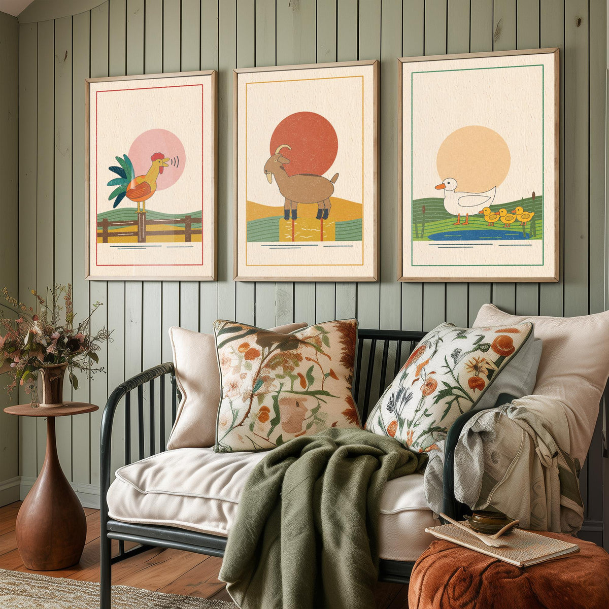 Farmyard Animal Set of Three Art Prints - Cockerel, Goat, Ducks - Linocut Style Poster Illustration V2