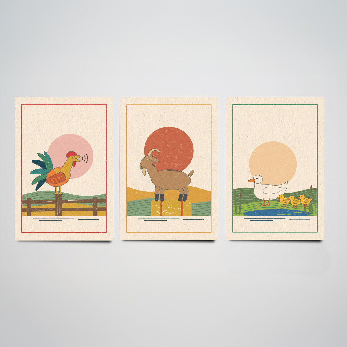 Farmyard Animal Set of Three Art Prints - Cockerel, Goat, Ducks - Linocut Style Poster Illustration V2